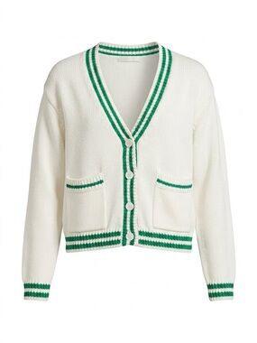 Olivaceous Cream V-Neck Cardigan with Green Trim